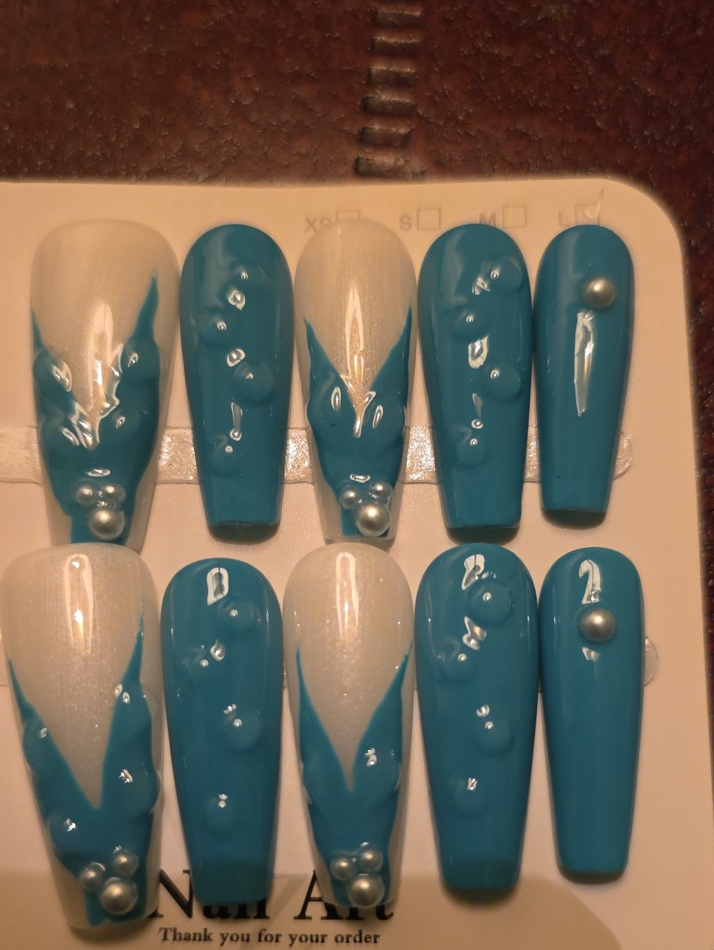 Blue and White Pearl Accent Press-On Nails - Size Large